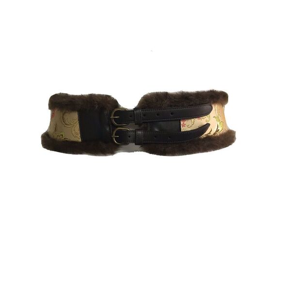 NOir NYC Belt Tapestry Leather Faux Fur M Double Buckle - Picture 1 of 10
